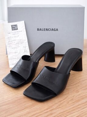 Balenciaga Black Leather Slide Heels Box Included-NEW Never Worn